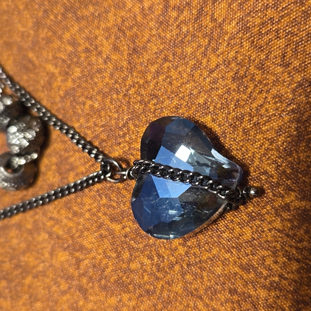 Layered Silver & Black Metallic Chain With Blue Heart Pendant Necklace